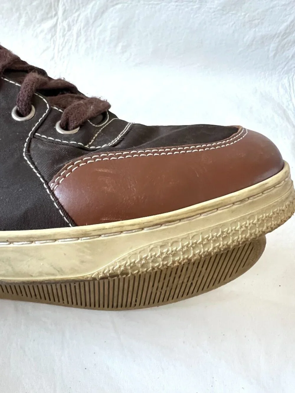 Gucci sneakers GG nylon brown leather 8.5 US 9 mens lace up high top shoes